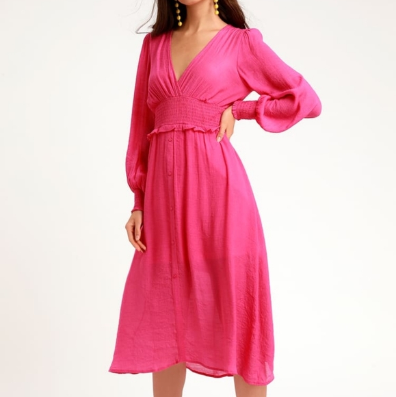 Lulu's Go For It Bright Pink Long Sleeve Midi Dress